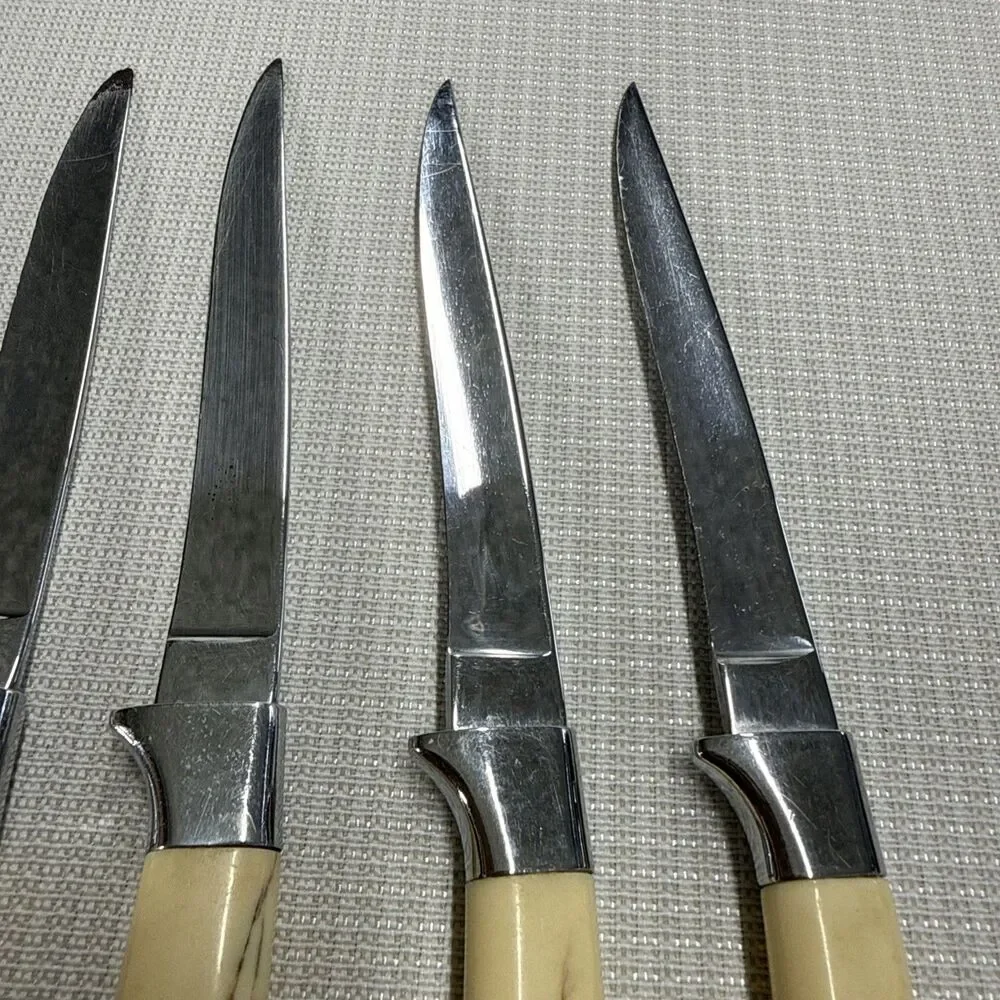 Set of 4 Vintage Briddell Steak Knifes Cream Handle MCM Kitchen w/ knife caddy
